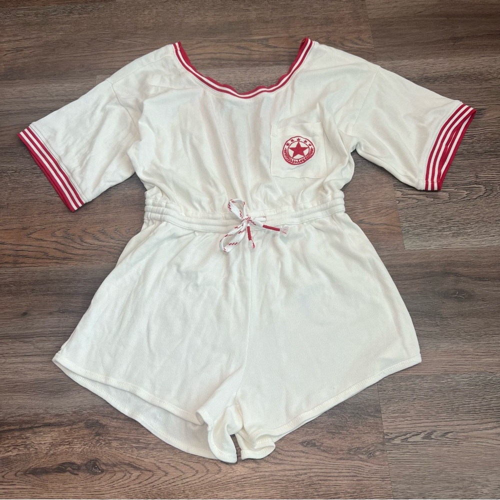 Anthropologie Waffle Knit Romper Size Medium Ivory Red Trim Lounge Casual Cozy - Picture 2 of 10